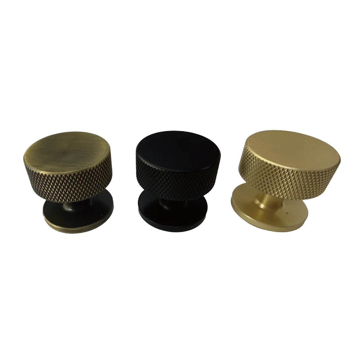 DK009 — Knurled cylindrical cabinet knob on a round base, Antique Brass