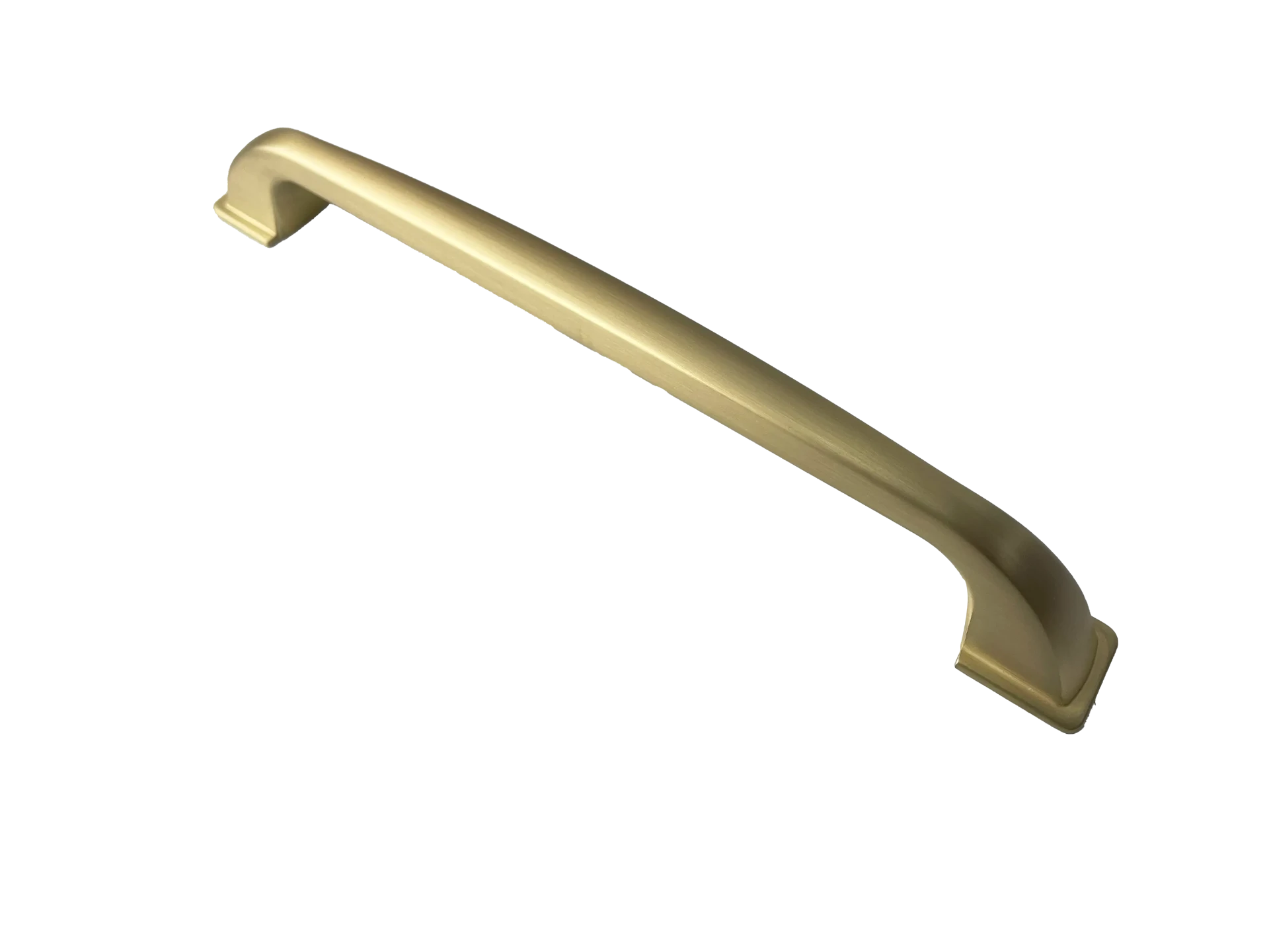 DH009 — Curved pull handle in warm satin brass, stepped square footplates, Satin Brass
