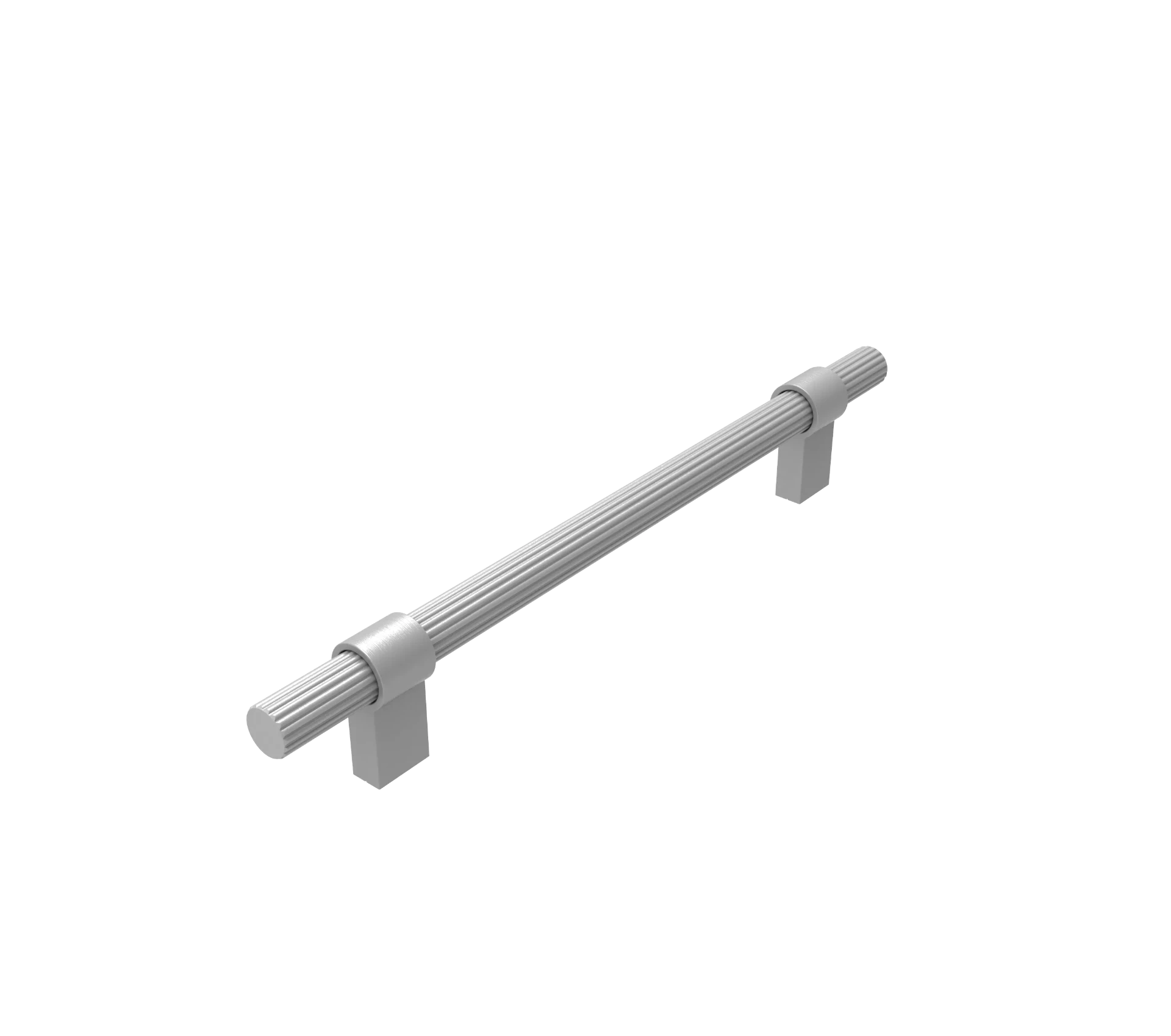 DH024BSN — Reeded fluted round bar handle with round collars on flat plate legs, Brushed Nickel
