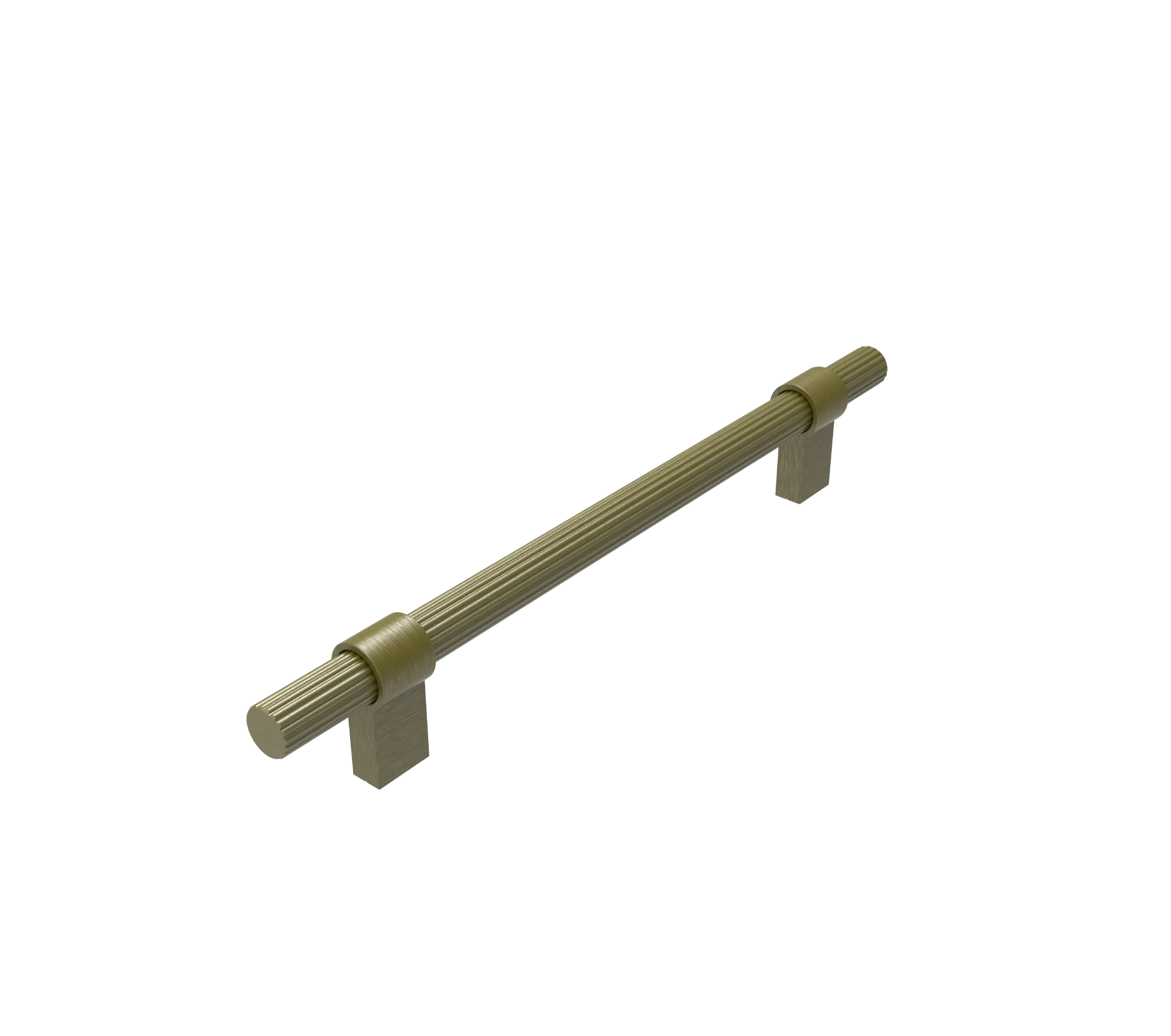 DH024BAB — Reeded fluted round bar handle with round collars on flat plate legs, Satin Brass