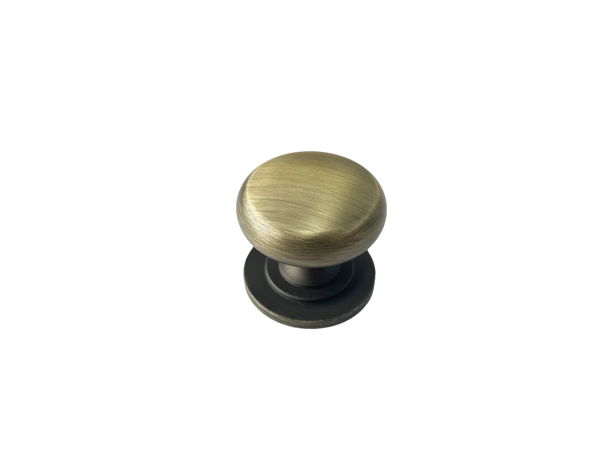 DK007 — Round domed cabinet knob on a dark circular backplate, Antique Brass