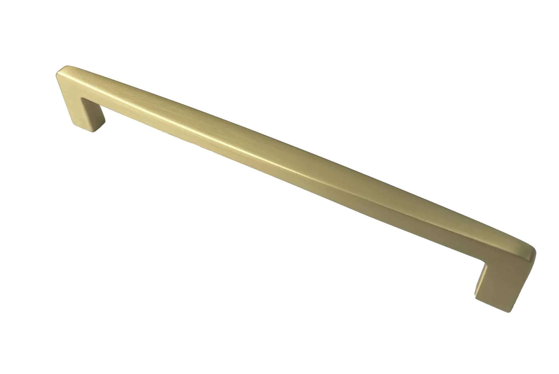 DH010 — Square-section tapered D bar handle with angled flat feet, Satin Brass