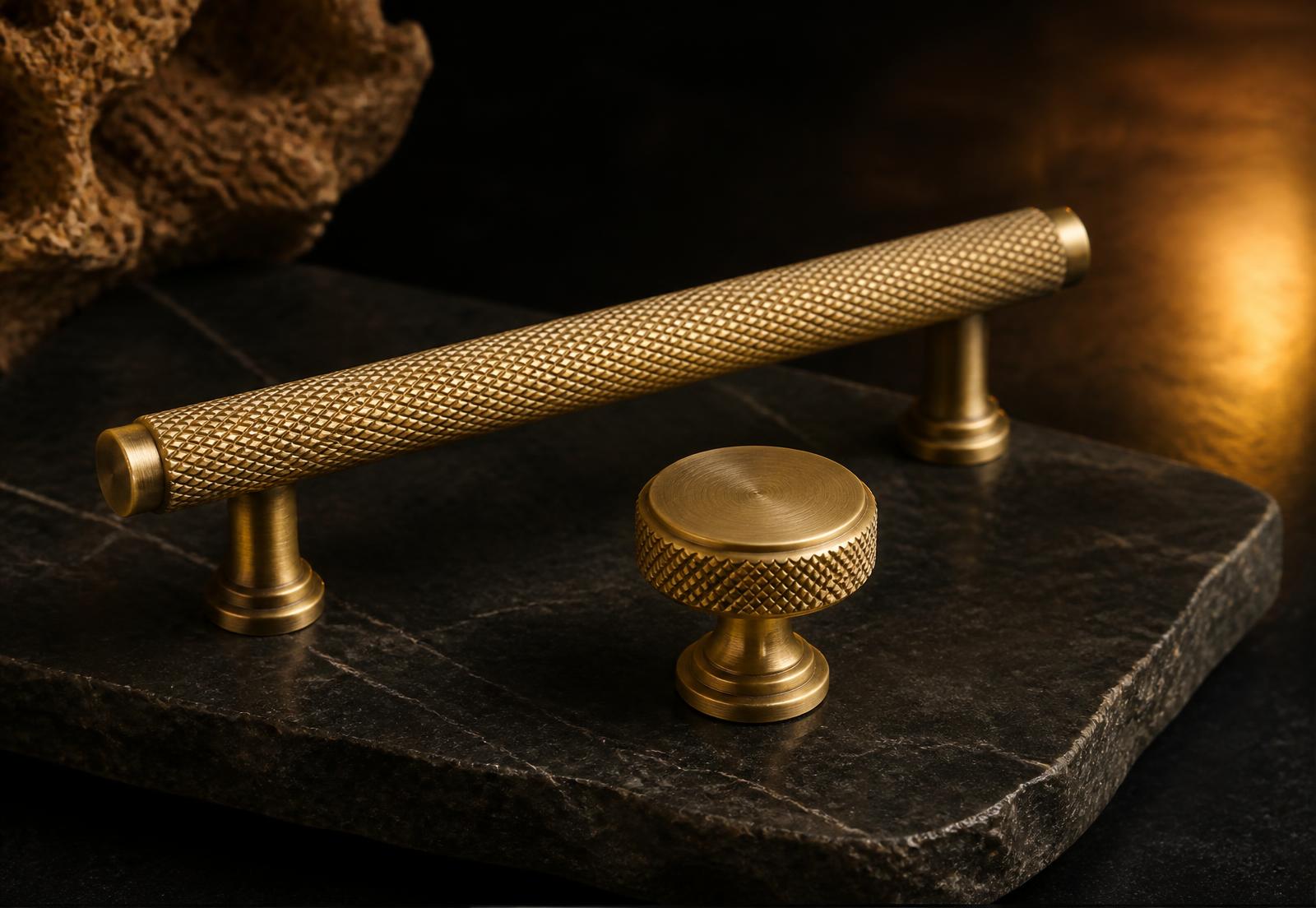 Knurled solid brass bar handle and knob on dark stone