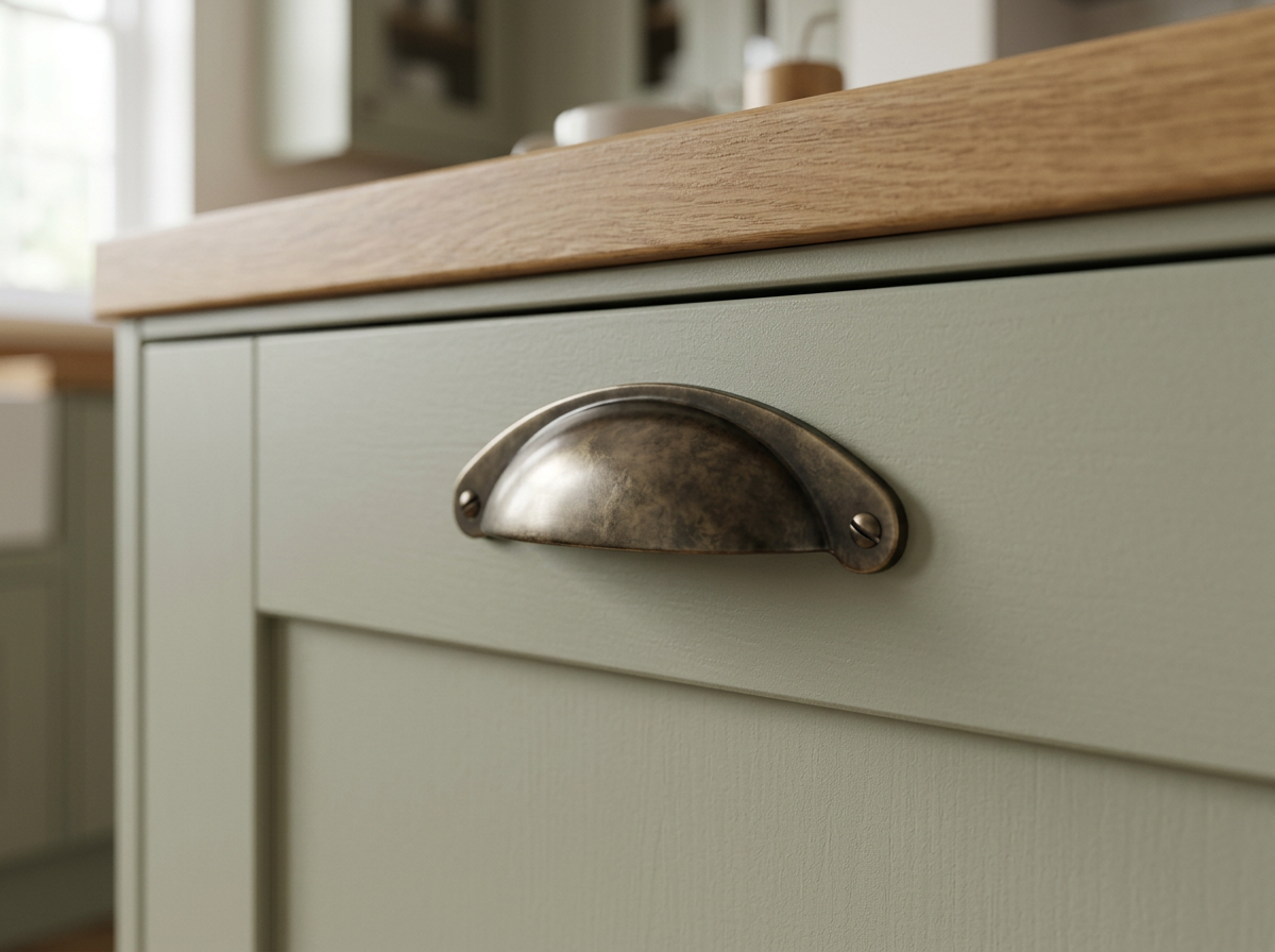 DH003 antique brass cup handle fitted to a sage green shaker drawer front