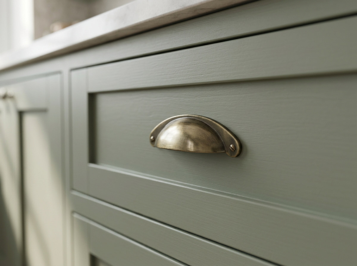 DH003 antique brass cup handle fitted to a sage green shaker drawer front