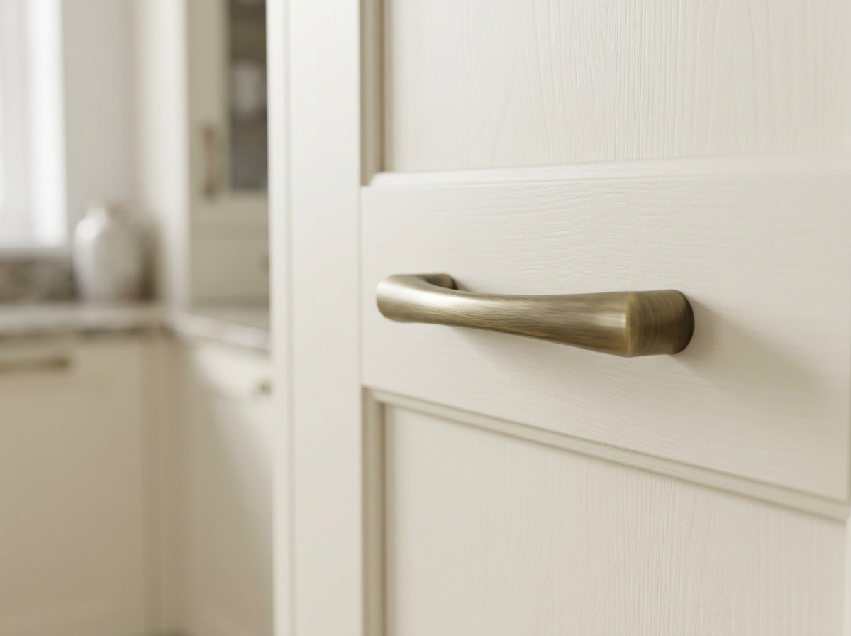 DH005 antique brass bow handle fitted to a cream in-frame kitchen door