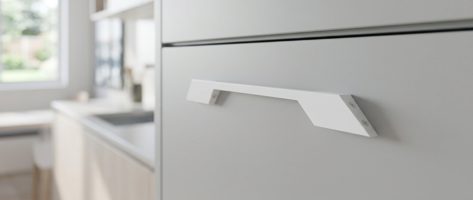 DH007 matt white angular bar handle fitted to a grey slab kitchen drawer front