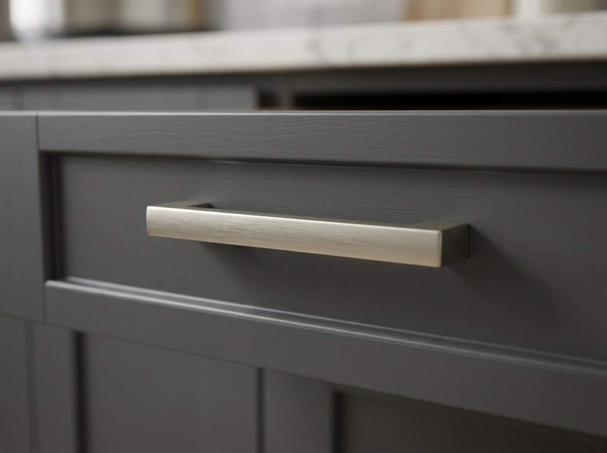 DH008 brushed nickel square bar handle fitted to a dark grey drawer front