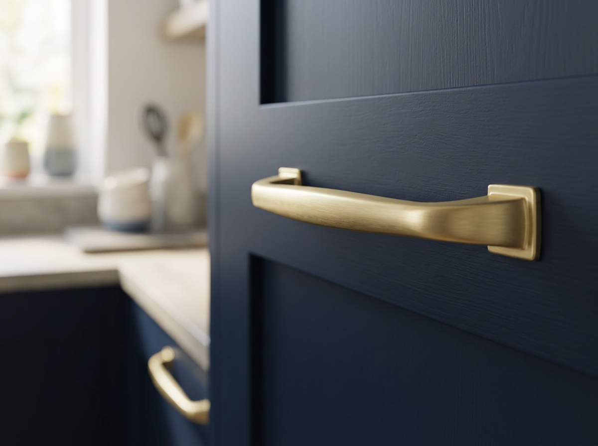 DH009 satin brass curved pull fitted to a navy shaker kitchen door