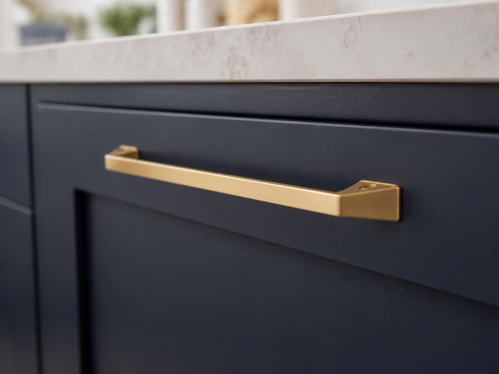 DH010 satin brass square bar handle fitted to a navy kitchen drawer front