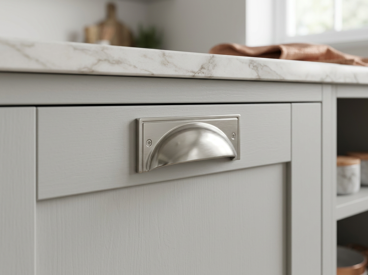 DH011 satin nickel backplate cup handle fitted to a light grey shaker drawer
