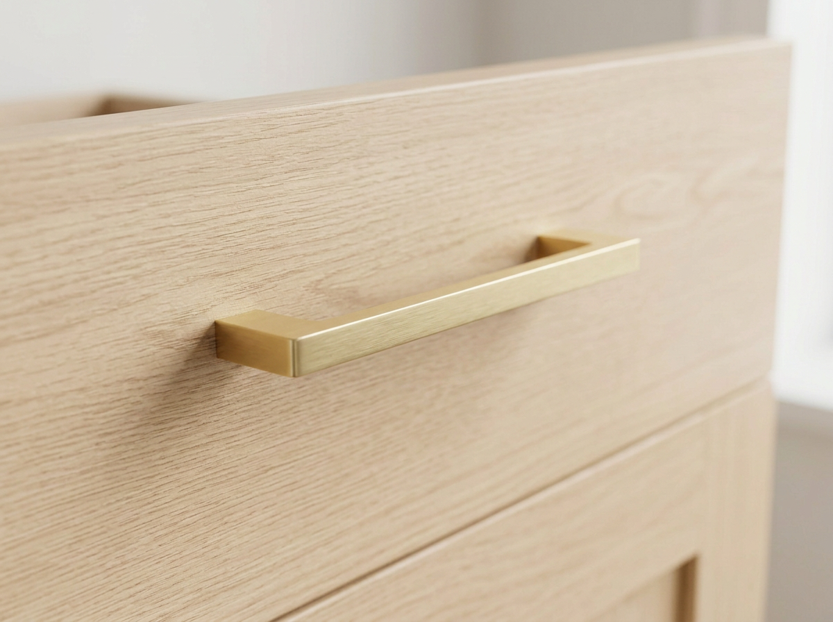 DH017BB satin brass slim bar handle fitted to a taupe slab drawer front