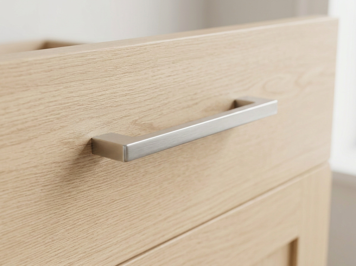 DH017BSN brushed nickel slim bar handle fitted to a pale grey drawer front