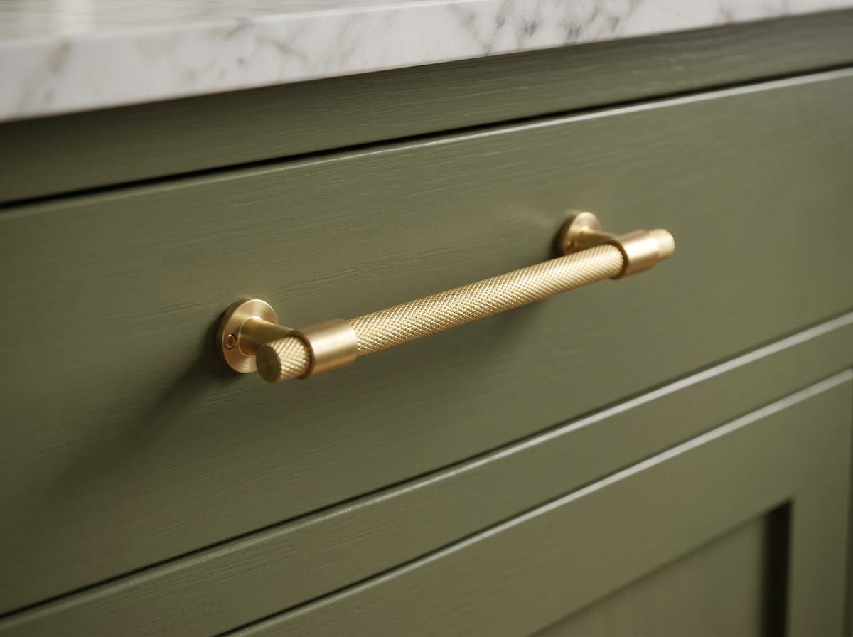 DH018 knurled satin brass T-bar handle fitted to an olive green drawer front