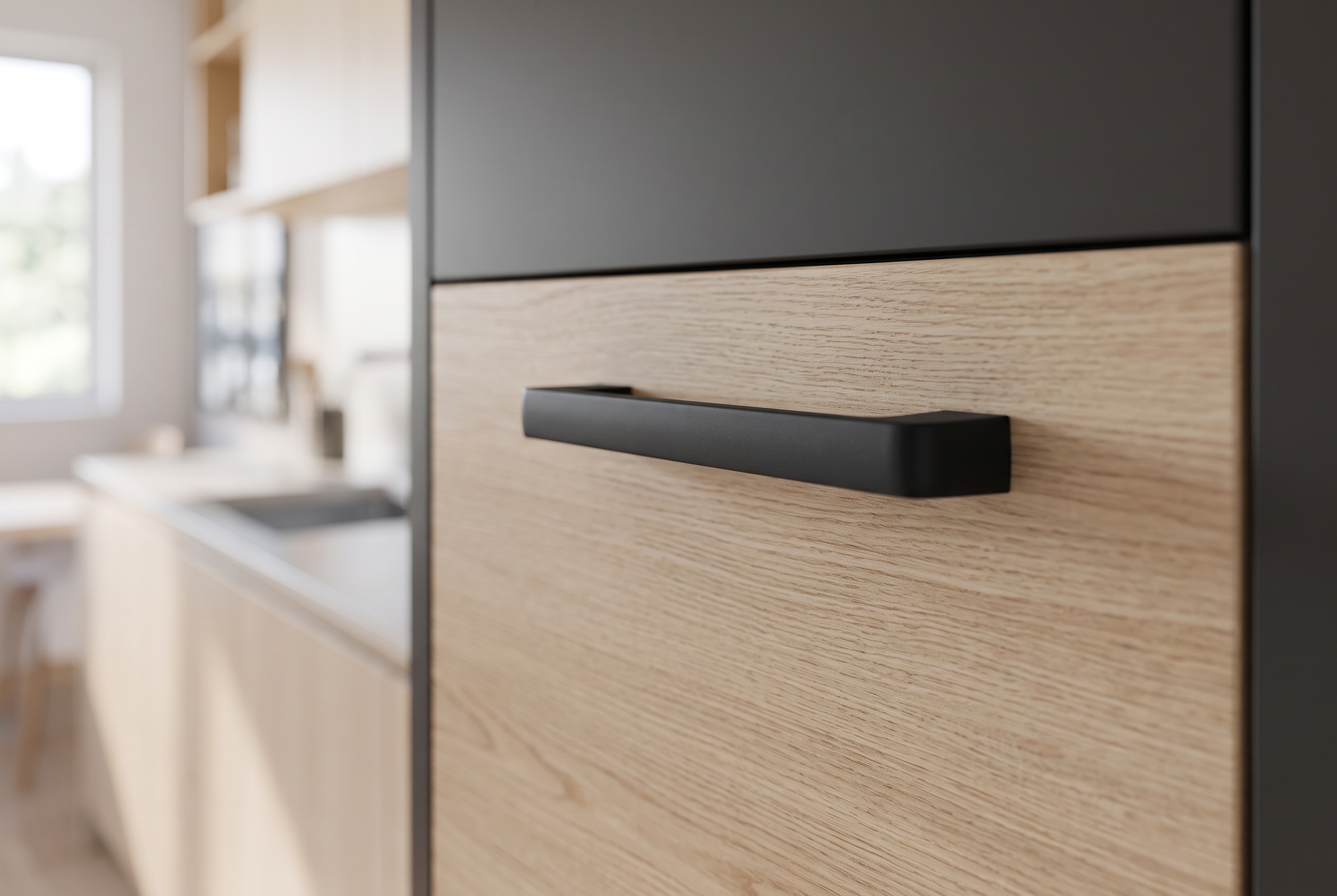 Novaro DH021BL matt black D bar handle fitted to a light oak kitchen door