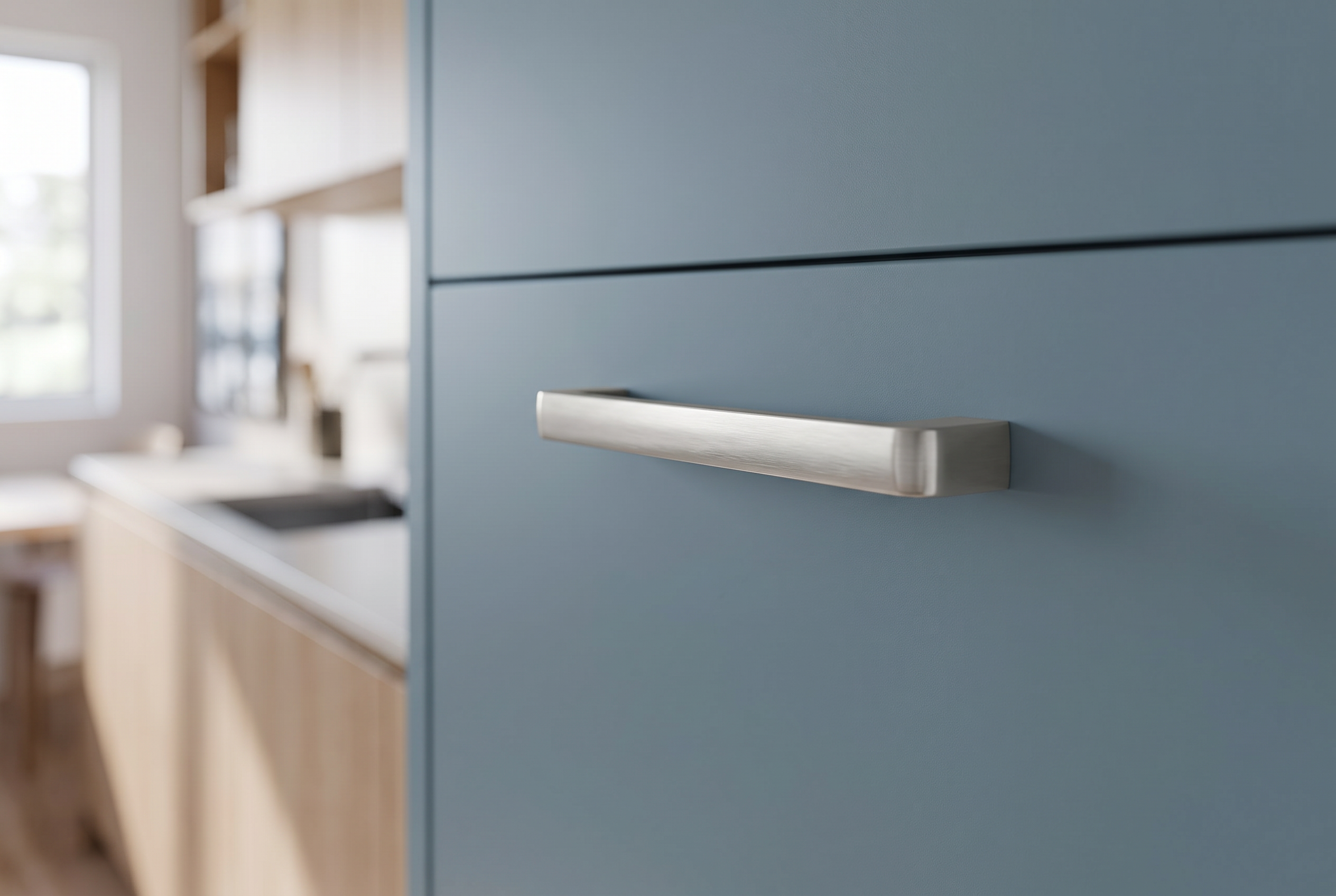DH021BSN brushed nickel D bar handle fitted to a dusty blue drawer front