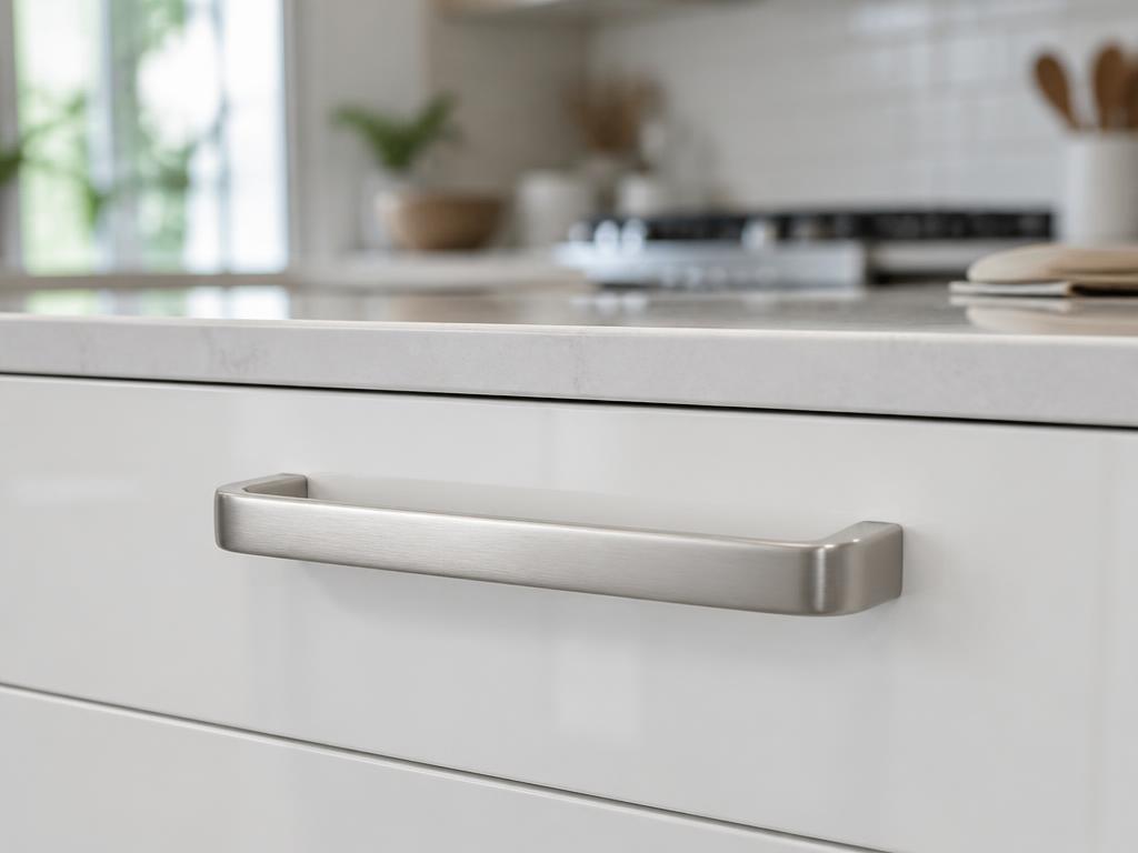 DH021CP brushed nickel D bar handle fitted to a white gloss door