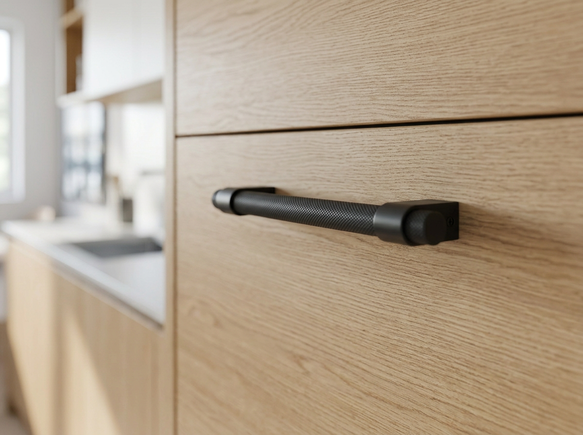 DH023BL matt black knurled bar handle fitted to a light oak drawer front