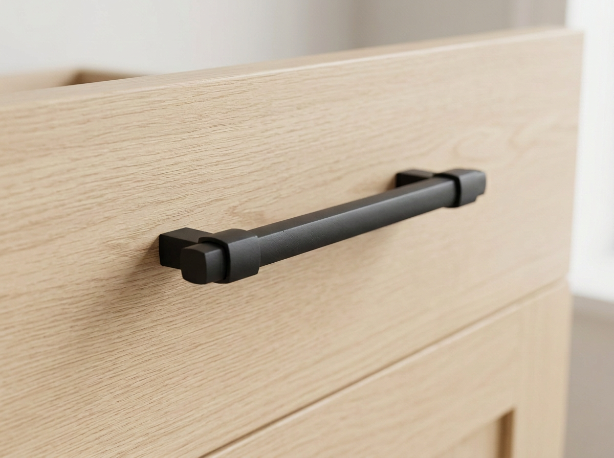 DH023BL matt black knurled bar handle fitted to a light oak drawer front