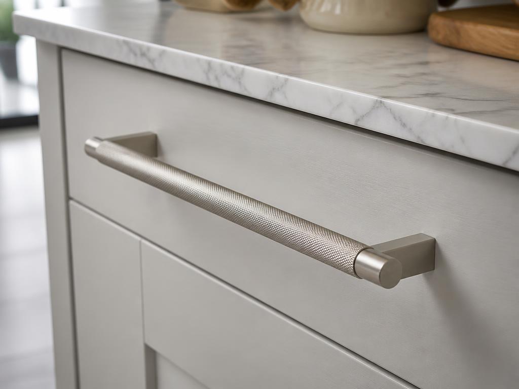 DH023BSN brushed nickel knurled bar handle fitted to a pale grey slab drawer front