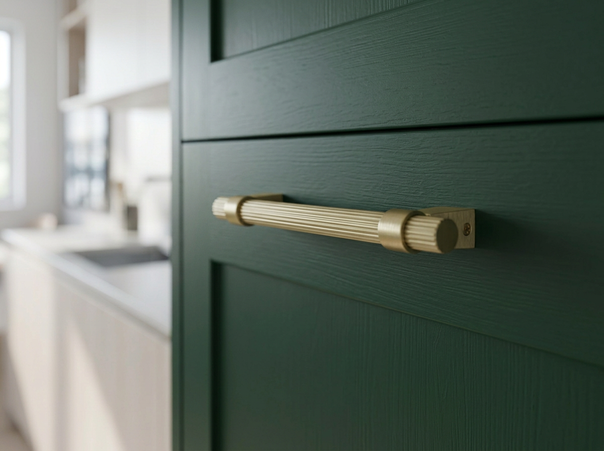 DH024BAB satin brass reeded bar handle fitted to a deep green shaker door