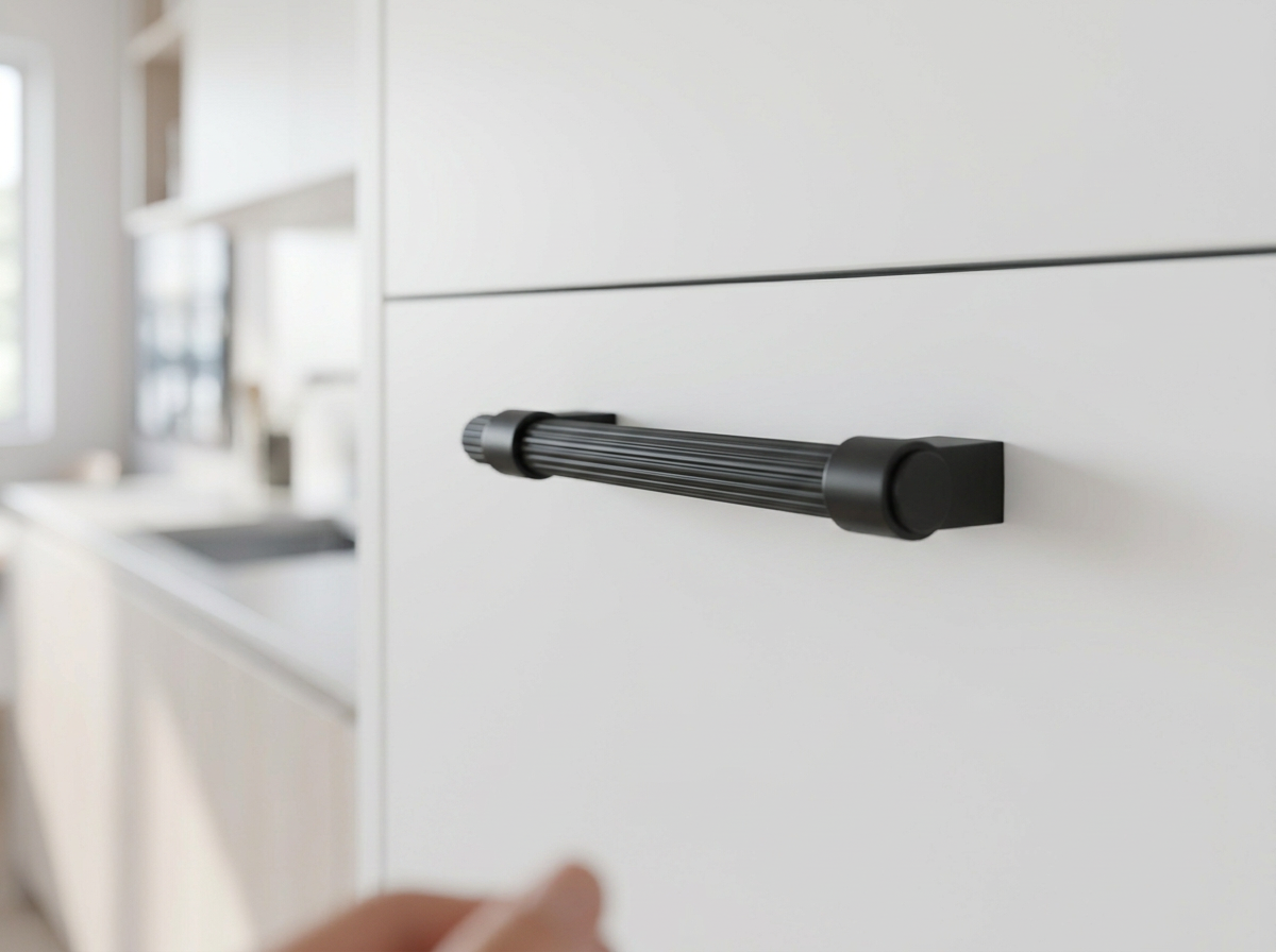 DH024BL matt black reeded bar handle fitted to a white slab drawer front