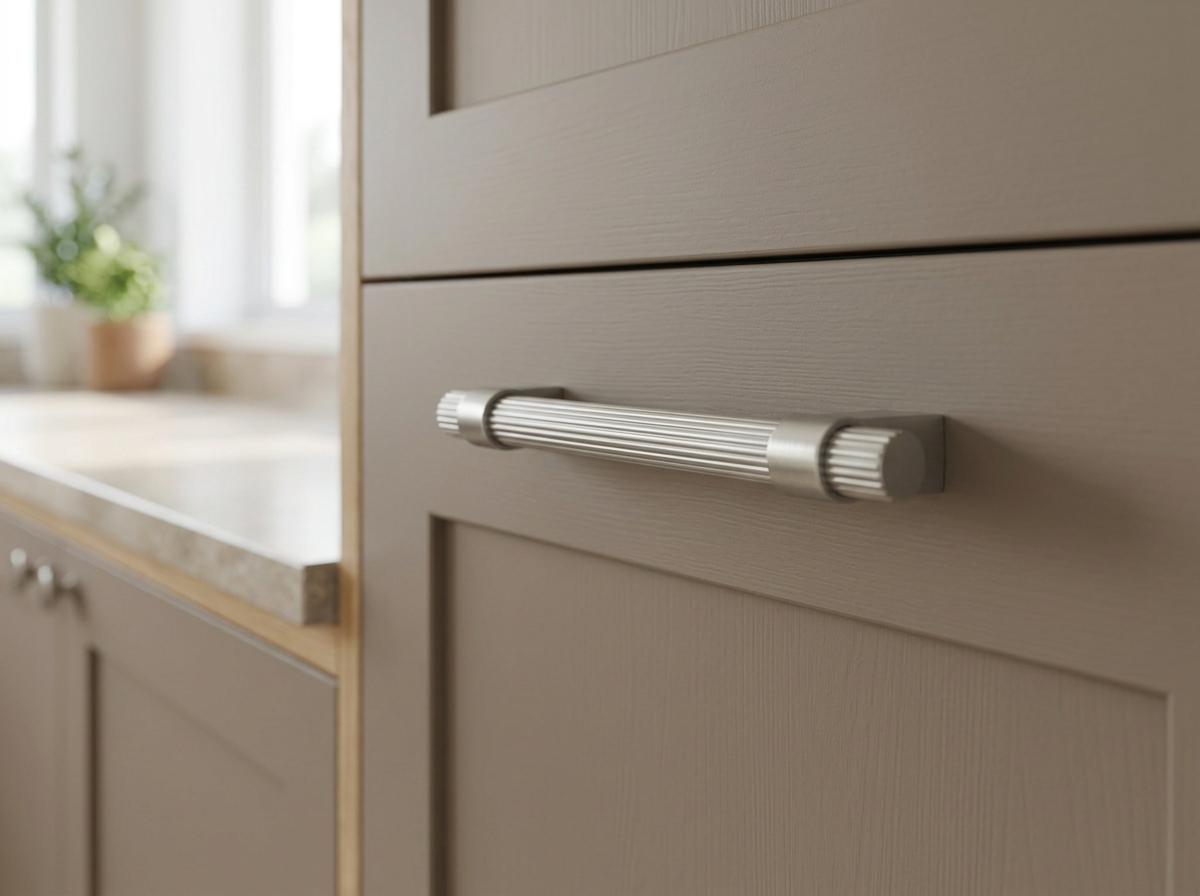 DH024BSN brushed nickel reeded bar handle fitted to a taupe shaker drawer front