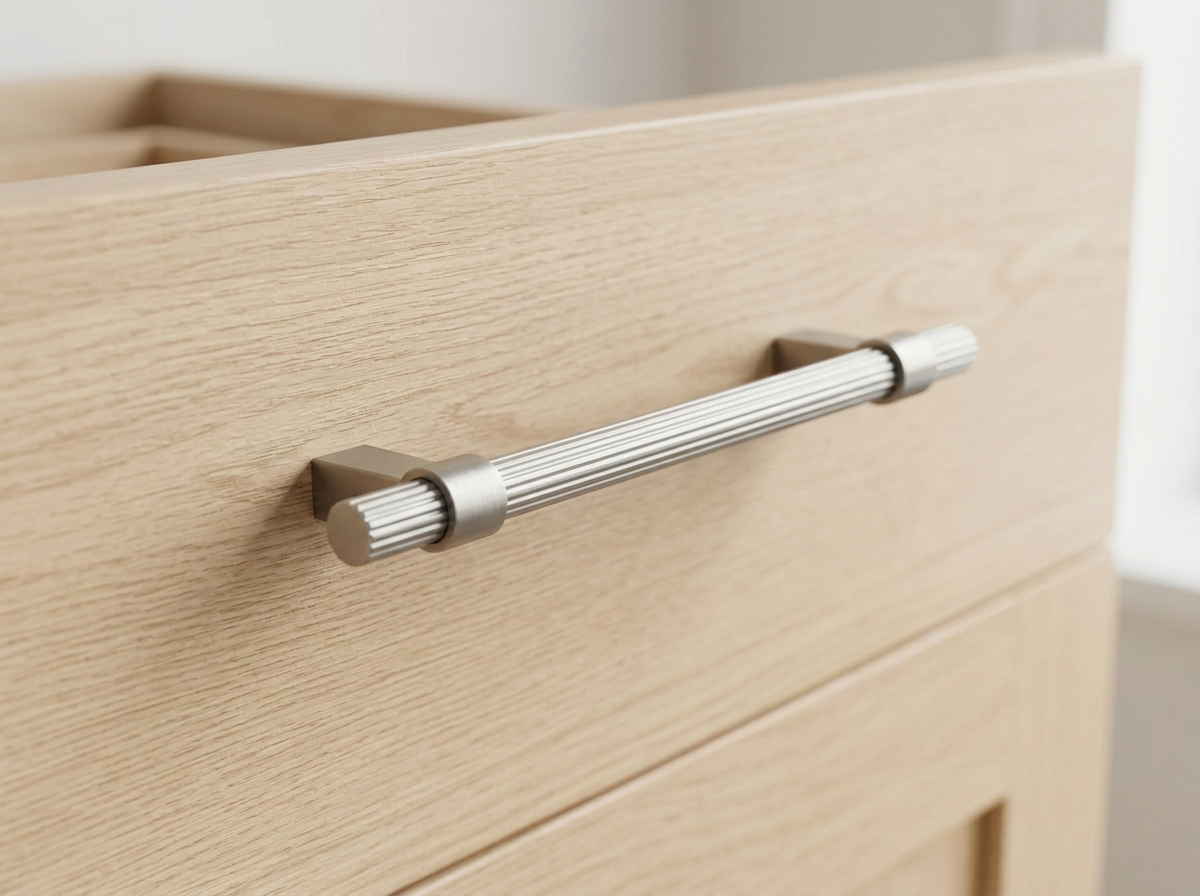 DH024BSN brushed nickel reeded bar handle fitted to a taupe shaker drawer front