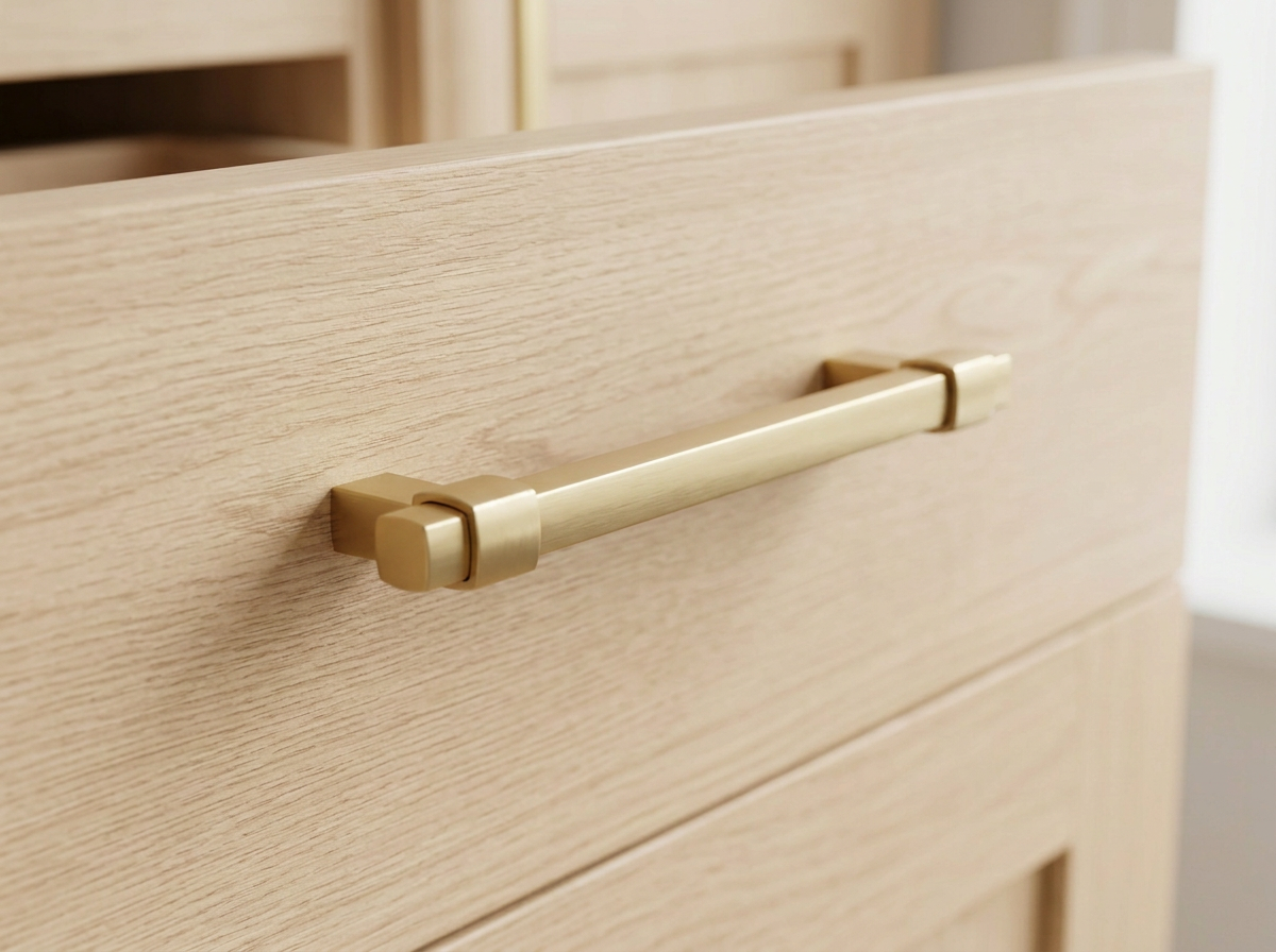 DH025BB satin brass squared bar handle fitted to a dark green slab drawer front