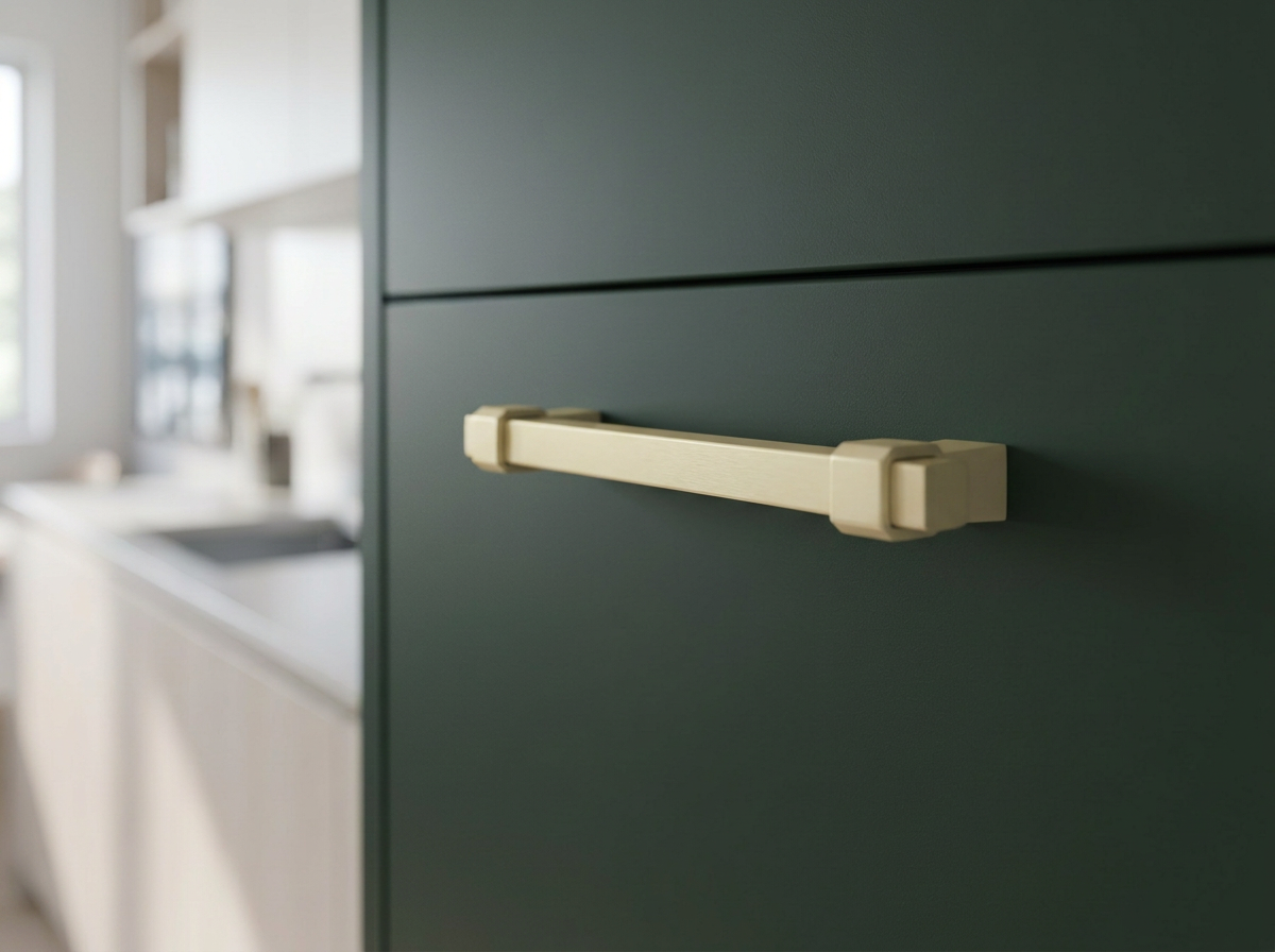 DH025BB satin brass squared bar handle fitted to a dark green slab drawer front