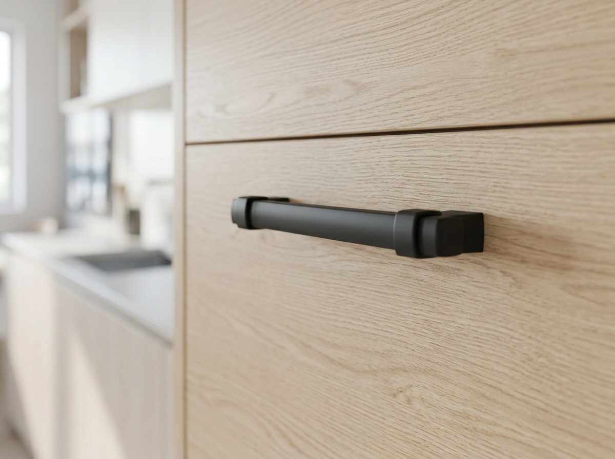DH025BL matt black squared bar handle fitted to a pale oak drawer front
