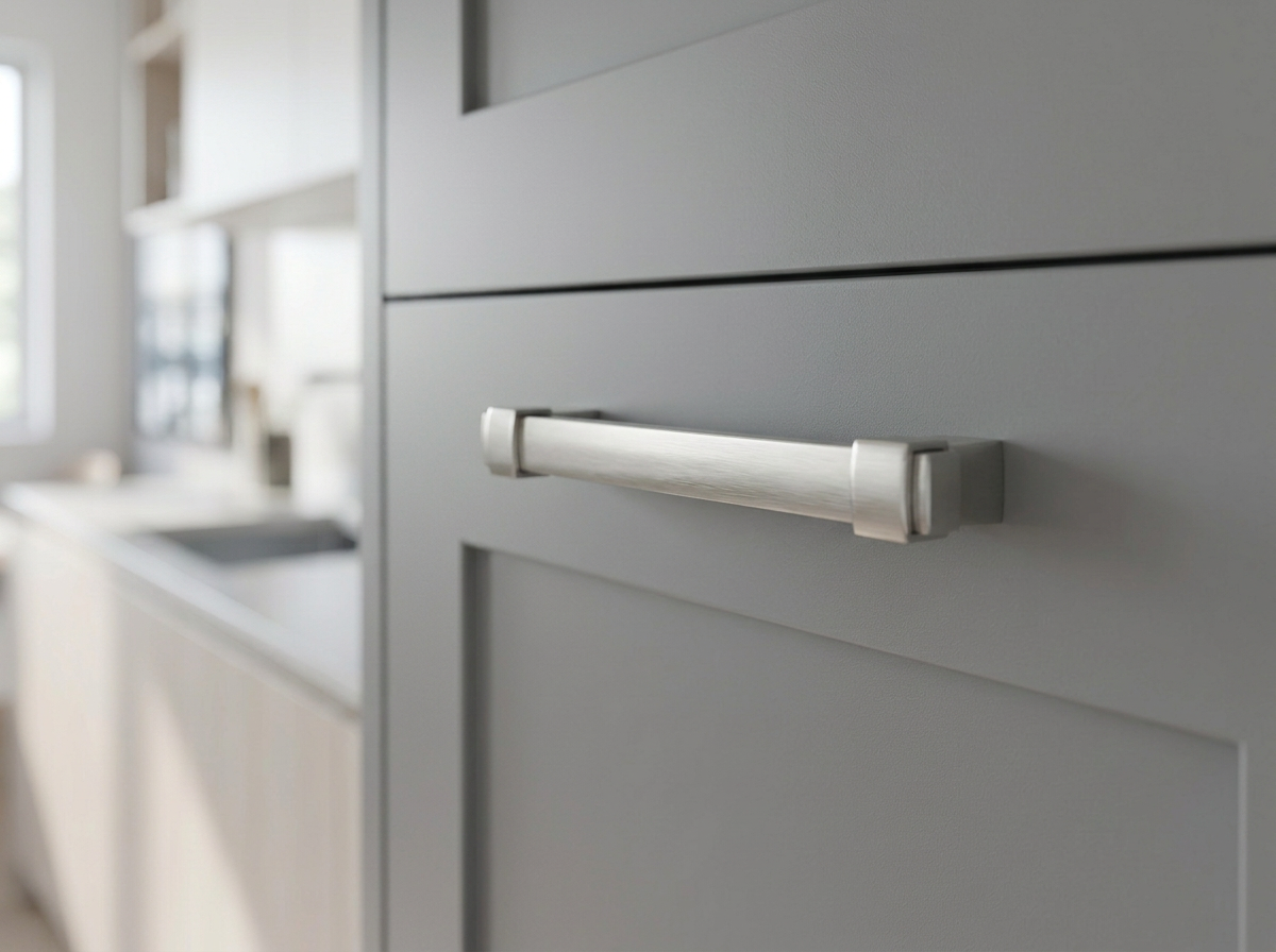 DH025BSN brushed nickel squared bar handle fitted to a soft grey shaker drawer front