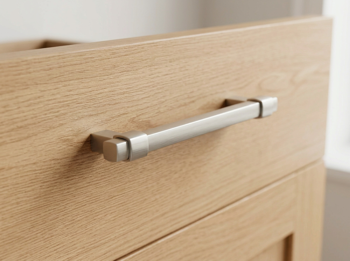 DH025BSN brushed nickel squared bar handle fitted to a soft grey shaker drawer front