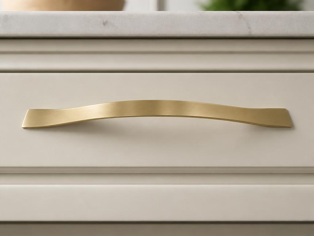 DH026BB satin brass bow pull fitted to a cream shaker drawer front
