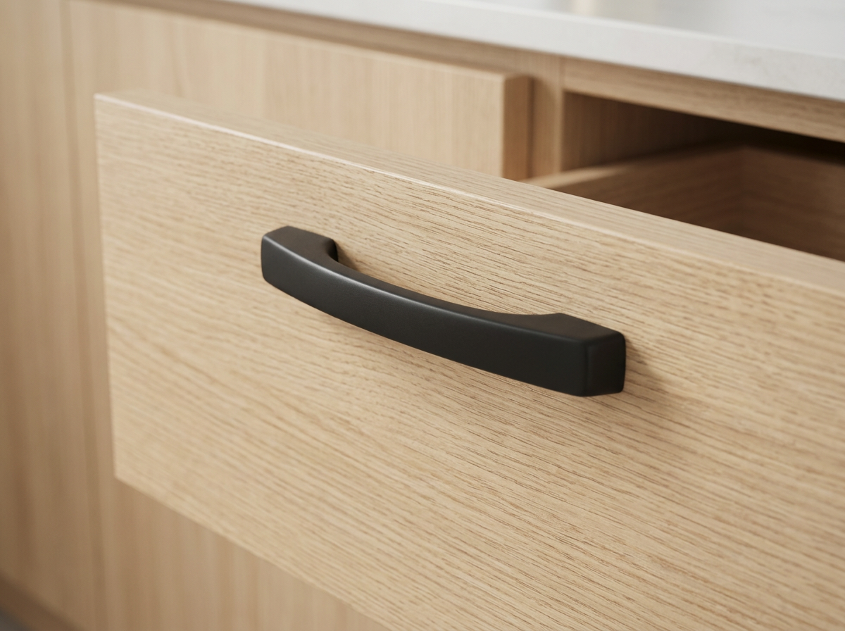 DH026BL matt black bow pull fitted to a light oak drawer front