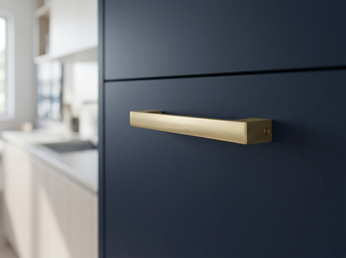 DH027BB satin brass square D bar fitted to a matt navy drawer front