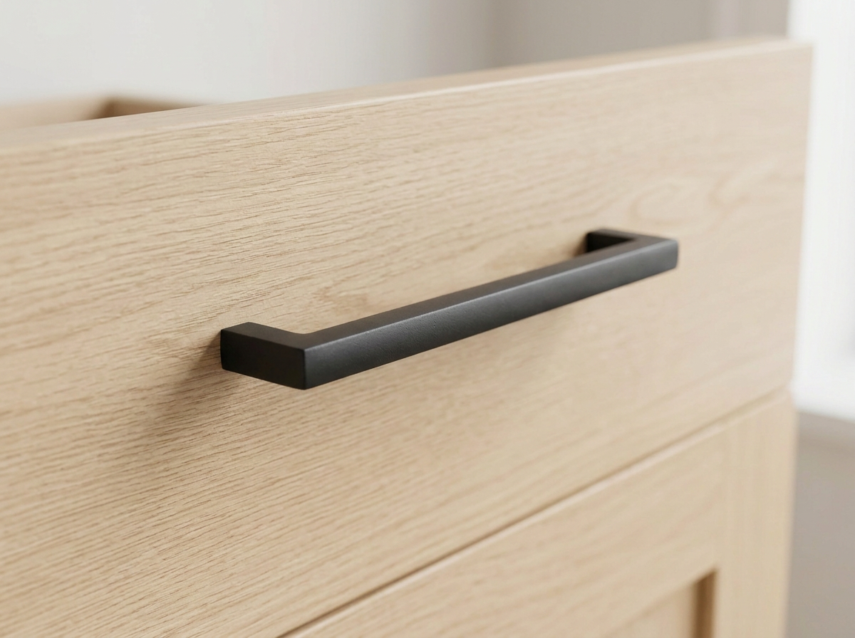 DH027BL matt black square D bar fitted to a white slab drawer front