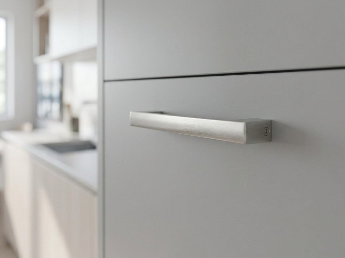 DH027BSN brushed nickel square D bar fitted to a graphite grey drawer front