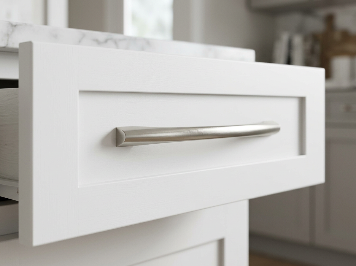 DH029BSN brushed nickel curved bow pull fitted to a white shaker drawer front