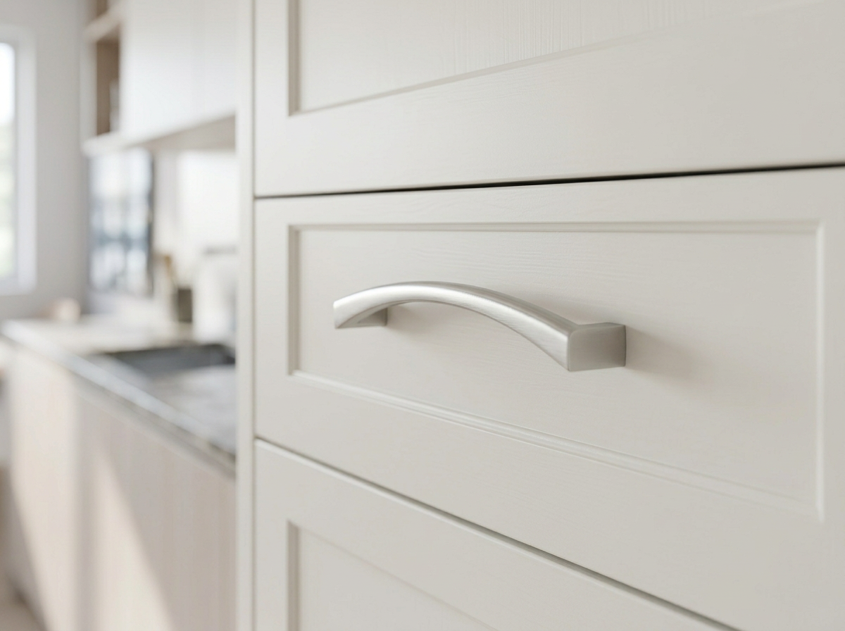 DH029BSN brushed nickel curved bow pull fitted to a white shaker drawer front
