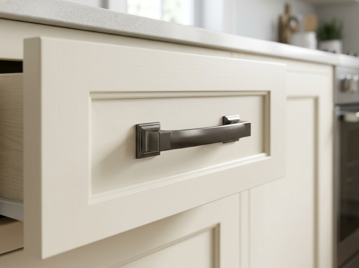 DH030BBN dark gunmetal black nickel arched pull fitted to a cream shaker drawer front