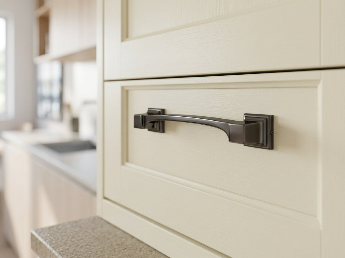 DH030BBN dark gunmetal black nickel arched pull fitted to a cream shaker drawer front