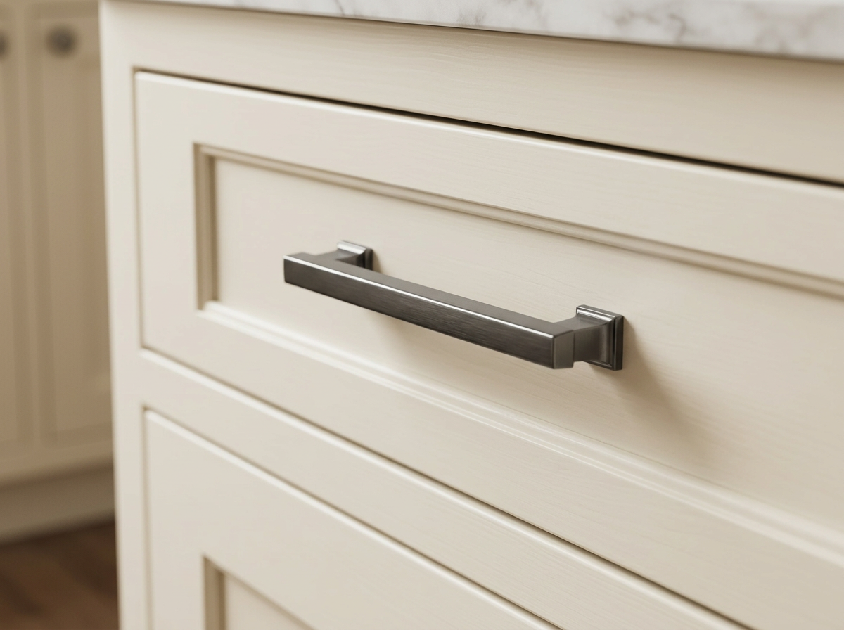 DH031BBN brushed gunmetal black nickel plinth bar handle fitted to a cream shaker drawer front