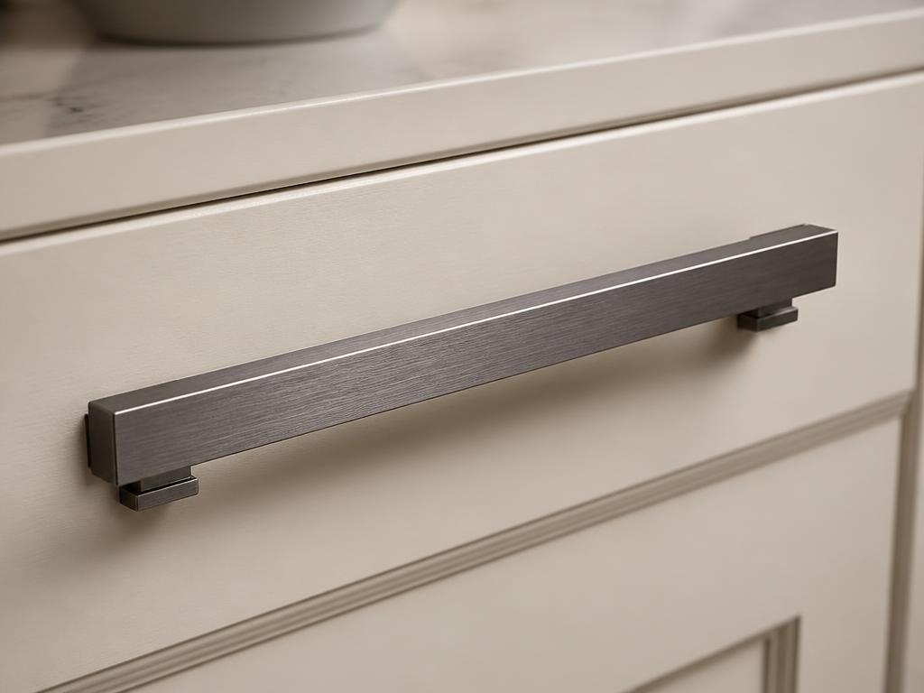 DH031BBN brushed gunmetal black nickel plinth bar handle fitted to a cream shaker drawer front