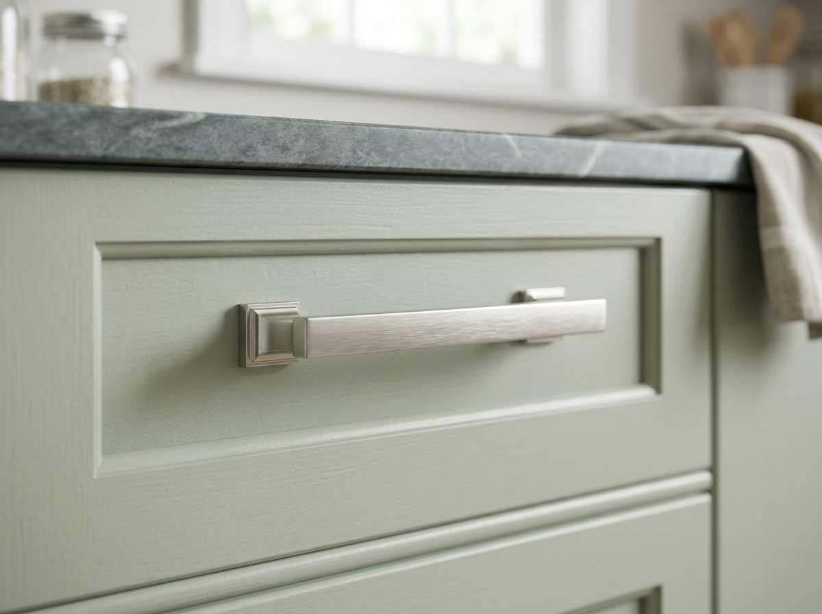 DH031BSN brushed nickel plinth bar handle fitted to a pale sage shaker drawer front