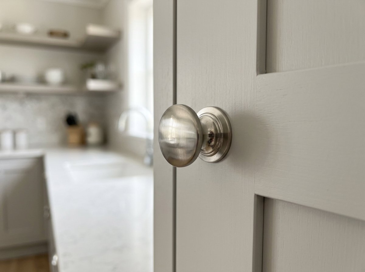 DK005 brushed nickel cabinet knob fitted to a pale grey shaker door