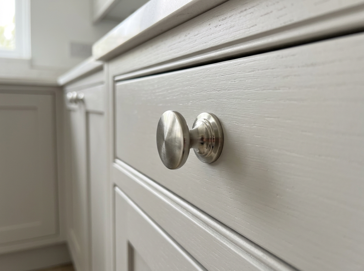DK005 brushed nickel cabinet knob fitted to a pale grey drawer front