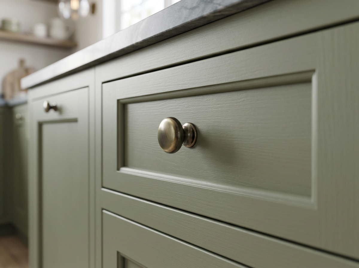 DK006 antique brass cabinet knob fitted to a sage green drawer front