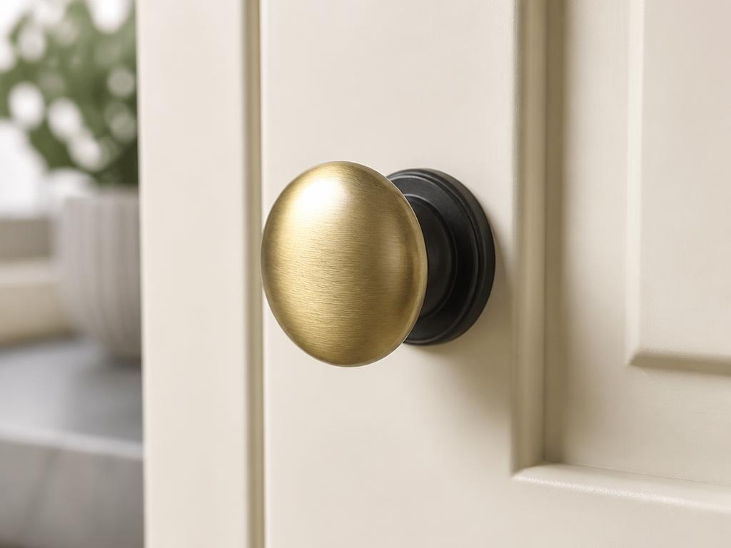 DK007 antique brass domed knob fitted to a cream shaker cupboard door