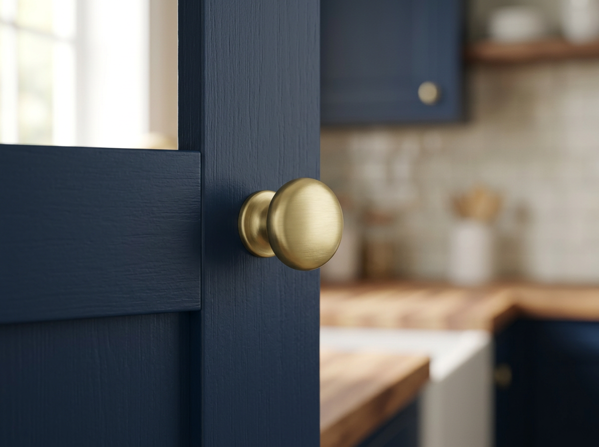 DK008 satin brass cabinet knob fitted to a navy shaker kitchen door